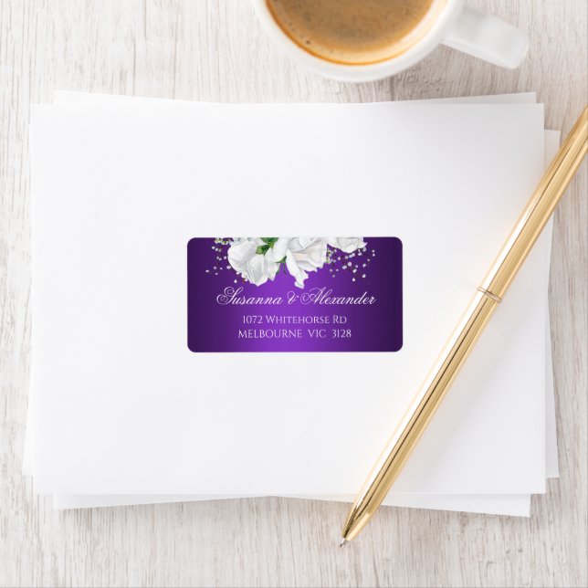 Étiquette Élégant Vintage blanc Roses violet Mariage (En situation)