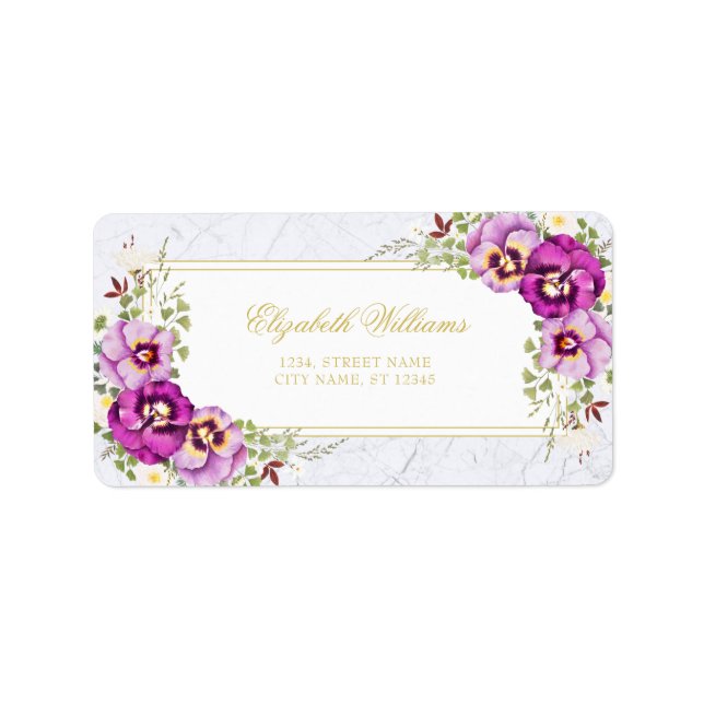 Étiquette Elégant Vintage Floral Pansies violet marbre Étiqu (Devant)