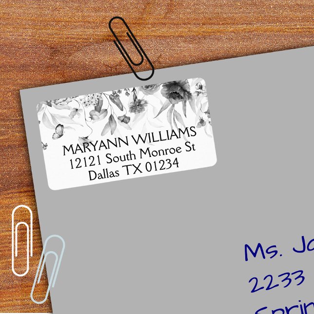 Étiquette Elegant Watercolor Black White Floral Address (Créateur téléchargé)