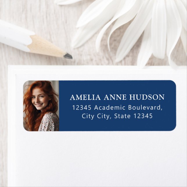 Étiquette Elegant White Script Photo Blue Return Address (En situation)