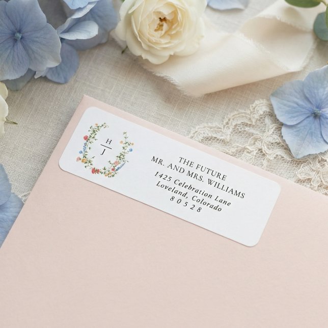 Étiquette Elegant Wildflower Monogram Wedding Return Address (Créateur téléchargé)