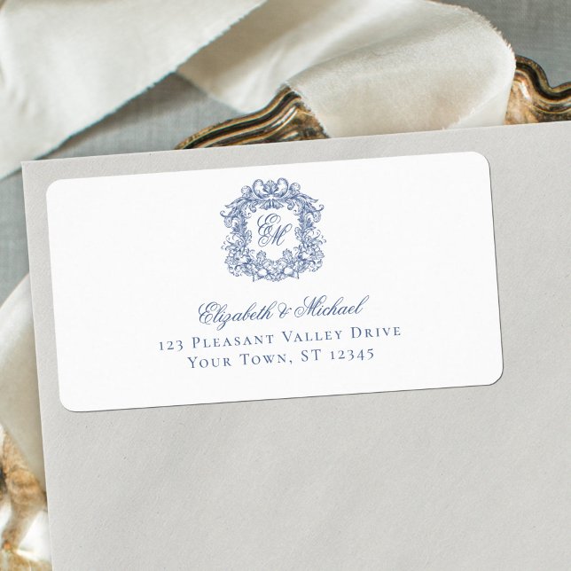 Étiquette Élégante Adresse de Mariage avec Monogramme Bleu (Créateur téléchargé)