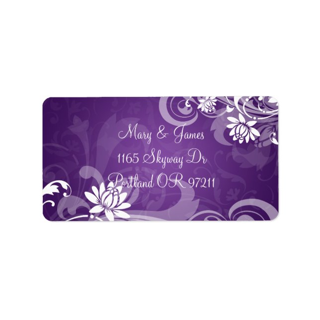 Étiquette Élégante Adresse de mariage Floral Swirls Purple (Devant)