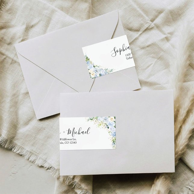 Étiquette Élégante Adresse de Retour de Mariage Florale Bleu (Créateur téléchargé)