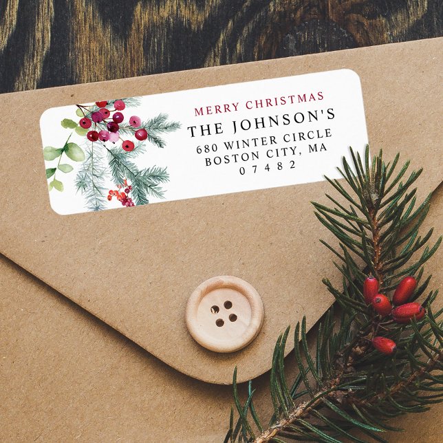 Étiquette Élégante adresse de retour de verdure d'hiver à l' (Elegant Watercolor Winter Greenery Return Address Label)