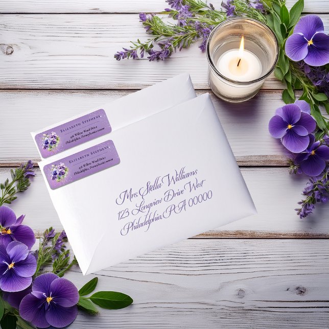 Étiquette Élégante Adresse de Retour Florale Violette Bohème (Elegant Boho Purple Violets Lavender Floral Return Address Labels)