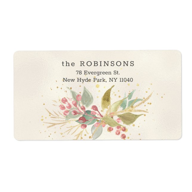 Étiquette Elégante aquarelle Berries et verdure d'hiver (Devant)