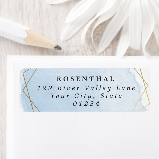 Étiquette Elégante aquarelle bleu Splash Gold Frame (En situation)