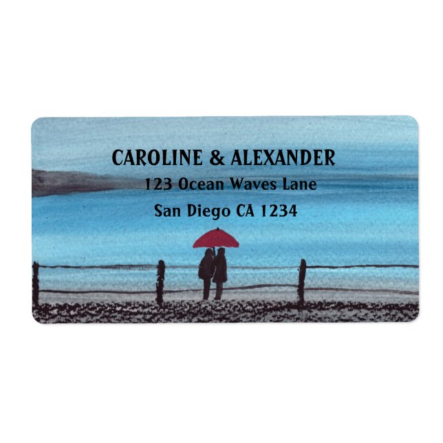 Étiquette Elégante Aquarelle Rouge Parapluie Couple Mariage (Devant)