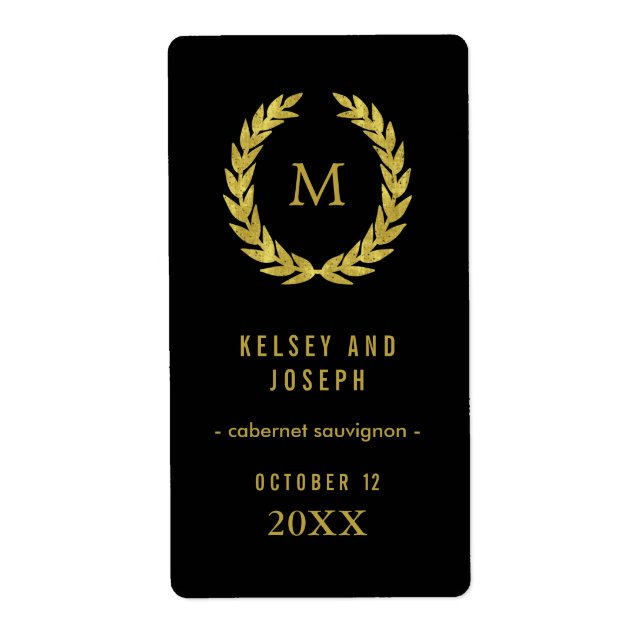 Étiquette Elégante couronne de laurier or sur vin Mariage no (Devant)