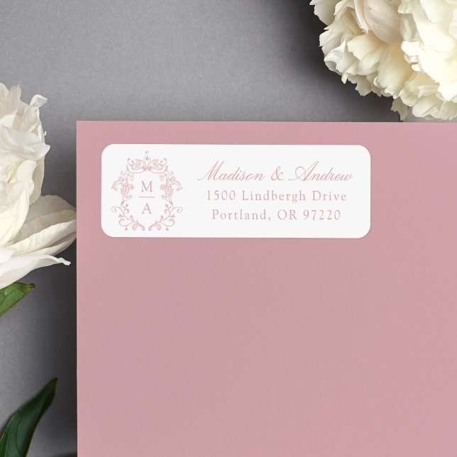 Étiquette Élégante crête de monogramme rose rose Adresse de  (Créateur téléchargé)