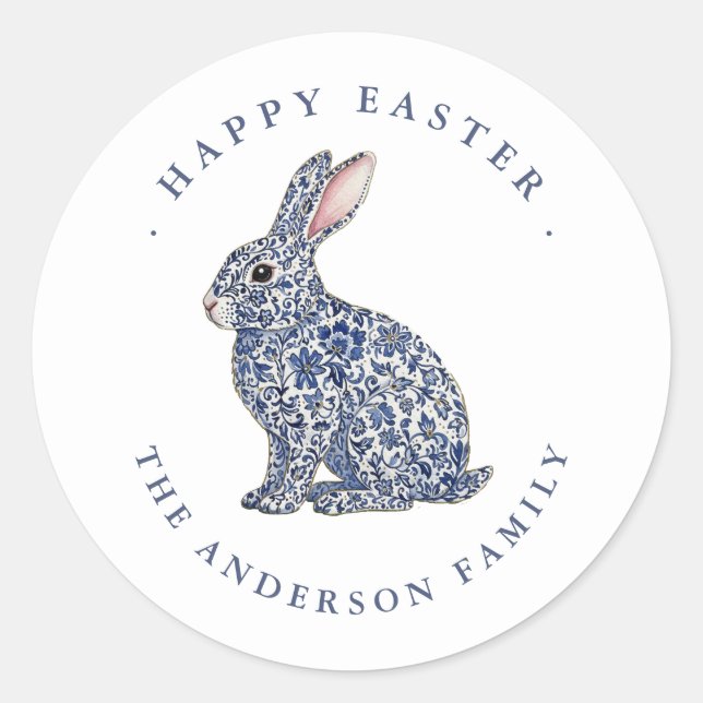 Étiquette élégante de Pâques lapin bleu et blanc J (Devant)