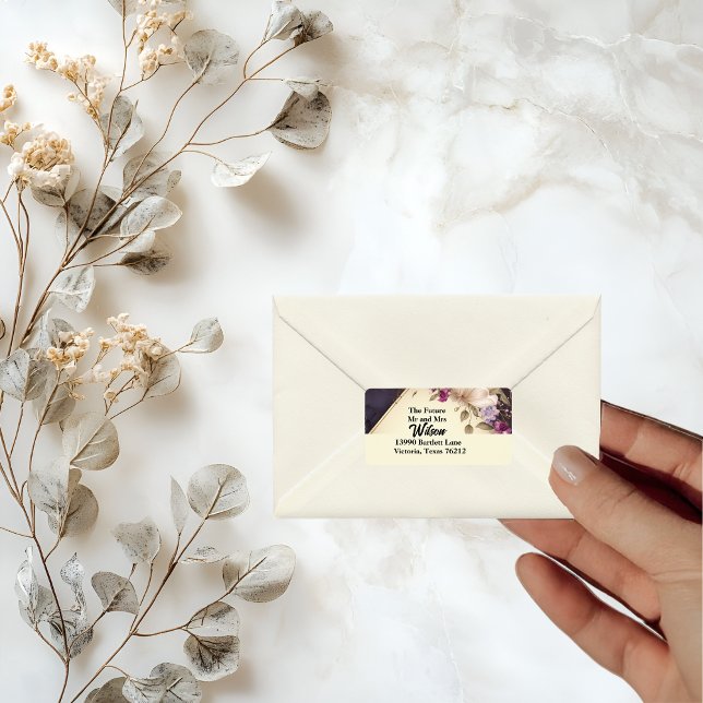 Étiquette Élégante Fleurs blanches et violettes Adresse de r (Créateur téléchargé)