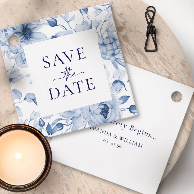 Étiquette Élégante Fleurs Bleues "Save the Date" (Créateur téléchargé)