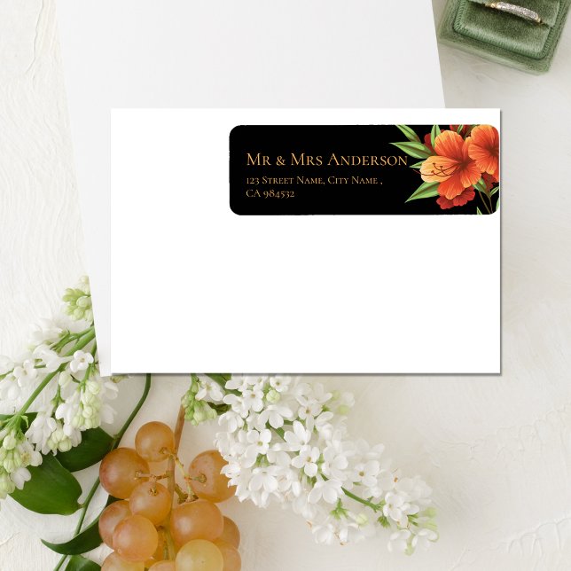 Étiquette Élégante Moody Orange Floral Mariage Adresse (Elegant Dark Moody Orange Floral Wedding Address Label)