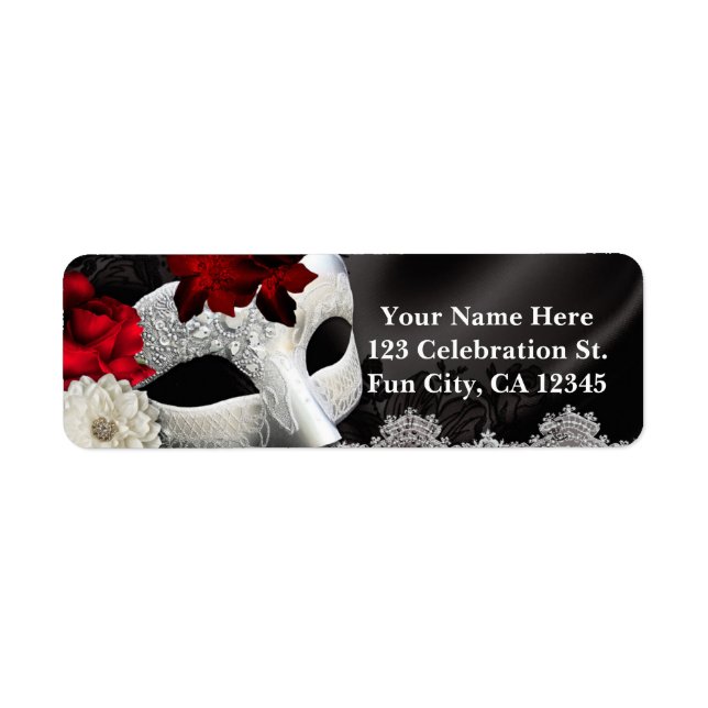 Étiquette Élégante Soirée de Mascarade en Soie Noire Fleurie (Devant)