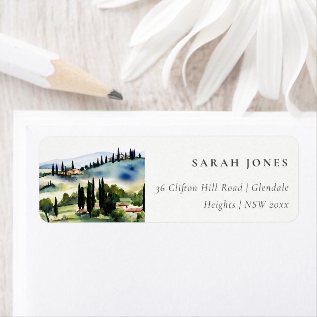 Étiquette Elégante Toscane Italie Aquarelle Paysage Adresse (En situation)