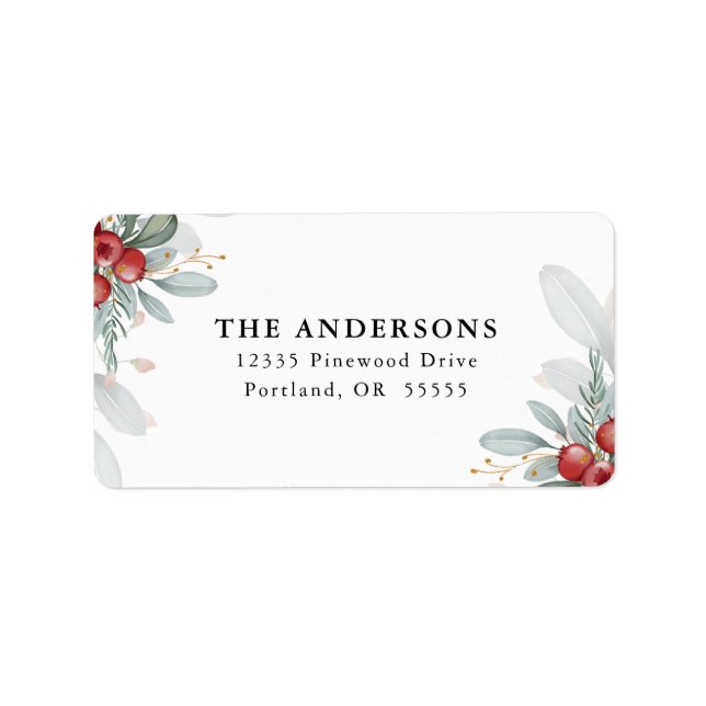 Étiquette Élégante verdure de Noël et baies de retour (Devant)