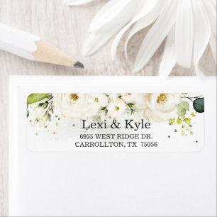 Étiquette Élégante White Rose & Gold Modern Font Adresse :