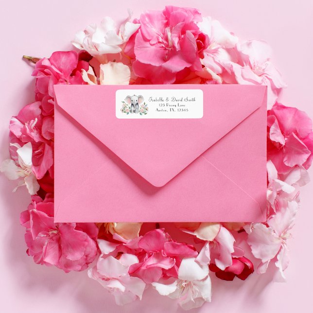 Étiquette Éléphant Bébé Avec Pivoines, Retour D'eucalyptus  (Decorate your invitations envelope with this coordinating baby shower design. )