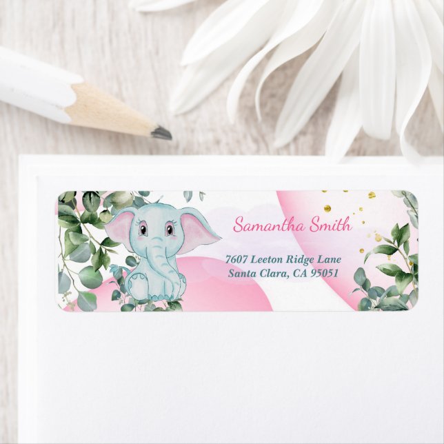 Étiquette Eléphant bleu mignon avec Eucalyptus Adresse (En situation)