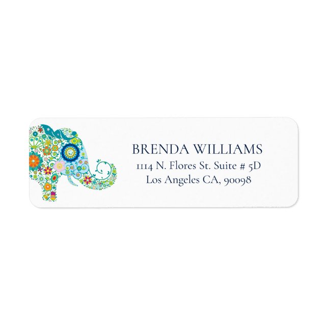 Étiquette Éléphant Floral Mignon Sur Typographie Bleue Blanc (Devant)