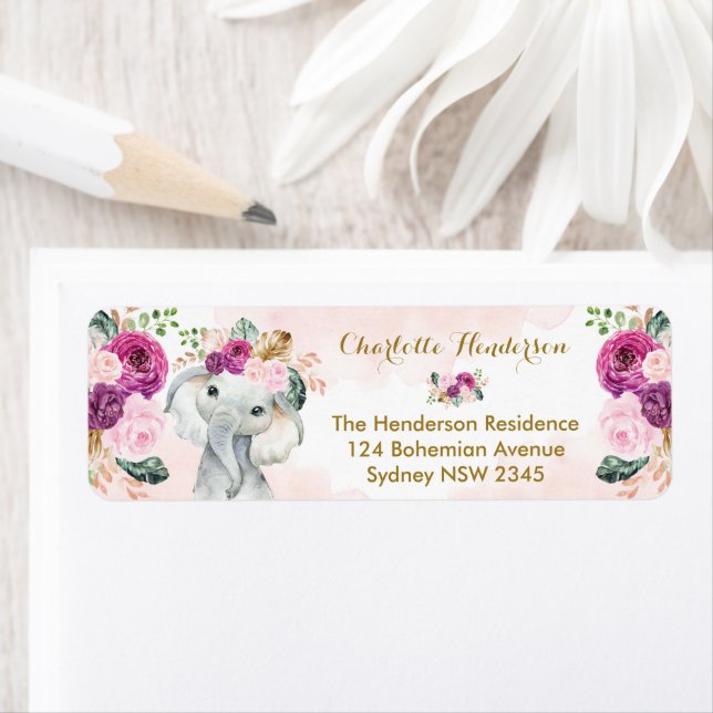 Étiquette Eléphant Floral Violet Blush Boho Baby Girl (En situation)