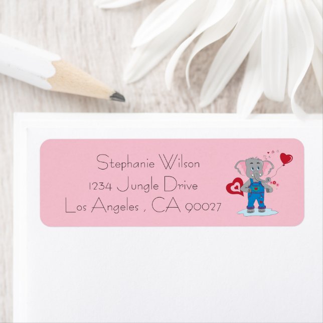 Étiquette Eléphant mignon et Coeurs rose Adresse de retour L (En situation)