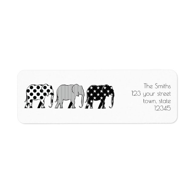 Étiquette Éléphants Motif, Moderne, Noir et Blanc (Devant)