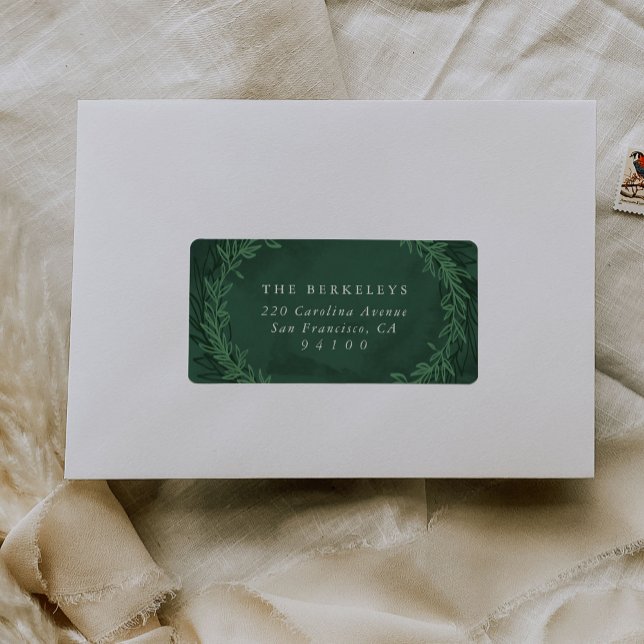 Étiquette Emerald Green Aquarelle Botanique Laurels Retour (Dramatic emerald green wreath return address shipping label stickers.)
