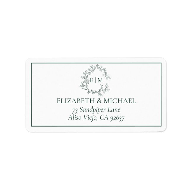 Étiquette Emerald Green Leafy Crest Monogram Adresse du Mari (Devant)