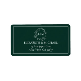 Étiquette Emerald Green Leafy Crest Monogram Adresse du Mari