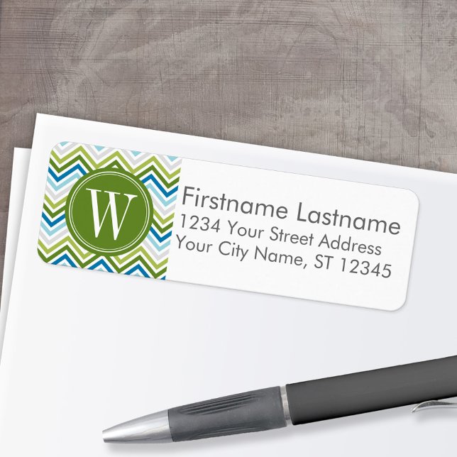 Étiquette Emerald & Turquoise moderne Chevron Motif Monogram (Custom Return Address Labels - Low Minimum)