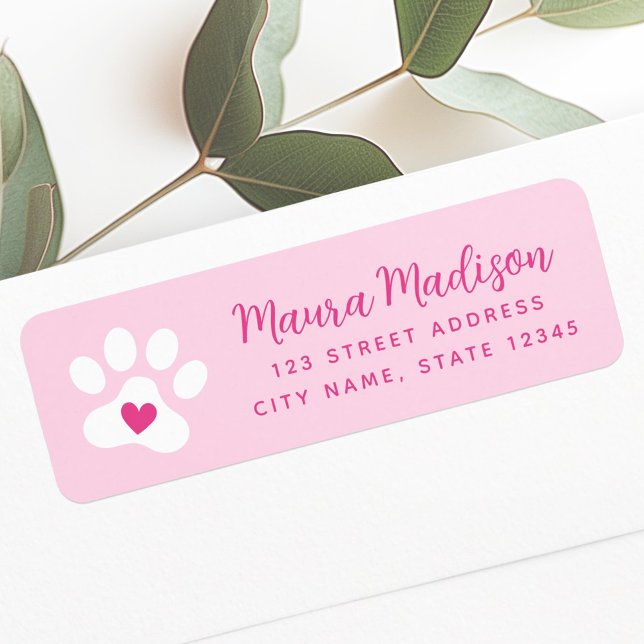 Étiquette Empreinte de patte mignon avec adresse de retour r (Cute paw print with heart pink return address label)