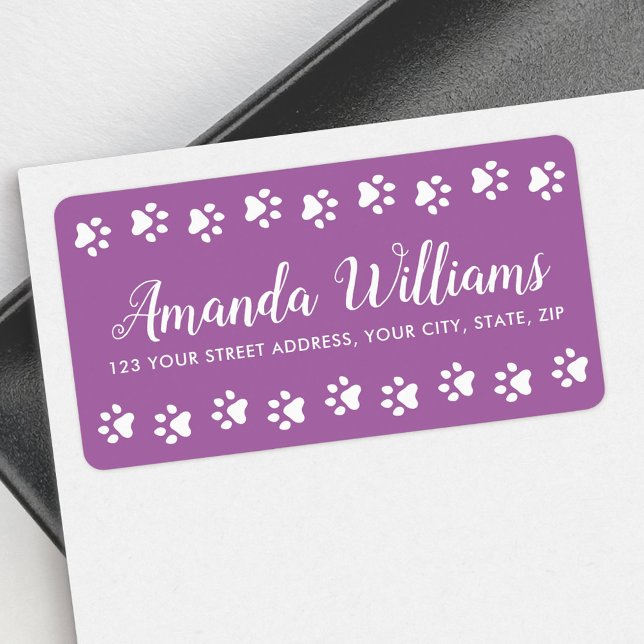 Étiquette Empreintes de pattes violet joli script de retour  (Paw prints purple pretty script return address label)
