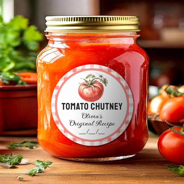 Étiquette en conserve Tomato Chutney avec à damier (Créateur téléchargé)