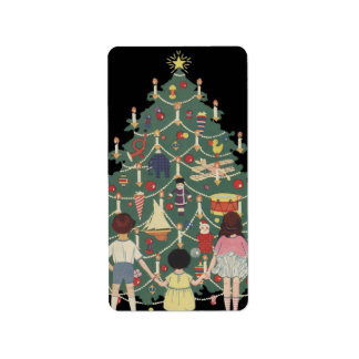 Étiquette Enfants de Noël vintage autour d'un arbre décoré