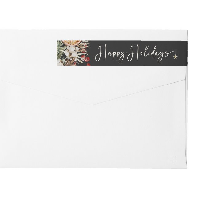 Étiquette enveloppante de vacances noire (Black Boho Botanical Happy Holidays Wrap Around Label
)
