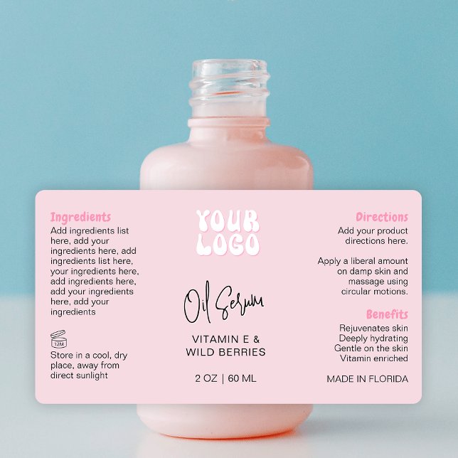 Étiquette enveloppante pour flacon compte-gouttes  (Trendy Retro White & Pink 2OZ* cosmetic bottle wrap around label with your logo *verify size)