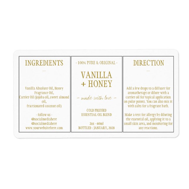 Étiquette Essential Oil Cosmétique Vanille Honey Ingrédients (Devant)