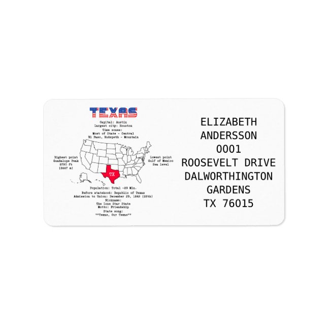 Étiquette État américain du Texas sur une carte et des infor (Devant)