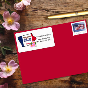Étiquette État de l'Iowa Drapeau avec Rose des Prairies de l