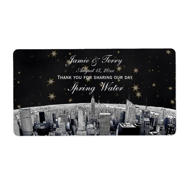 Étiquette Etch NYC Skyline 2 Black Gold Star H Water Bottle (Devant)
