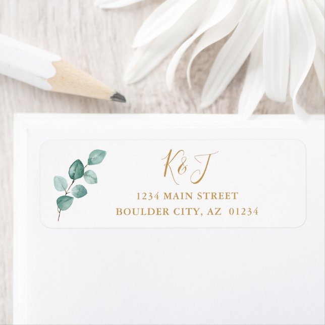 Étiquette Eucalyptus Aquarelle Or Monogramme Adresse de reto (En situation)