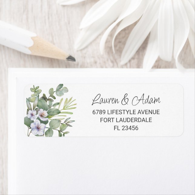 Étiquette Eucalyptus rustique et Mariage Floral pourpre (En situation)