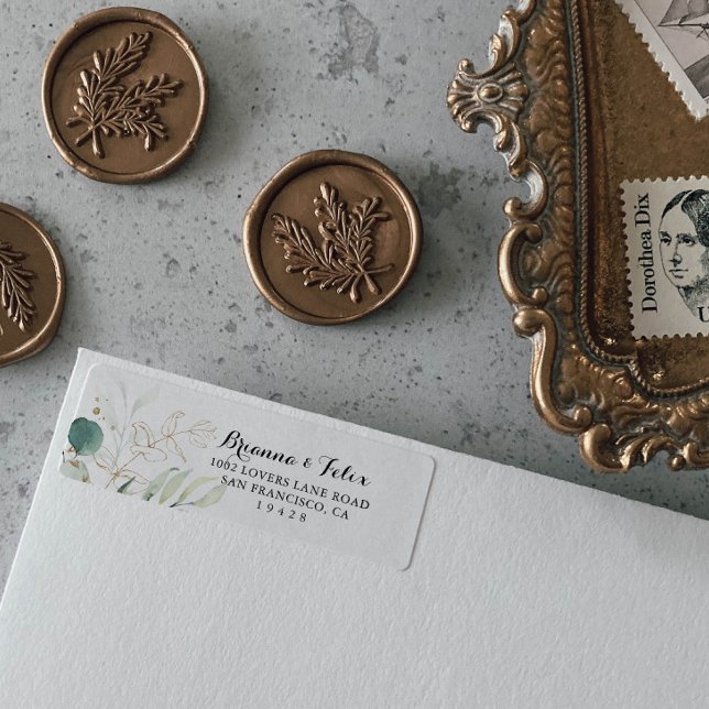 Étiquette Eucalyptus Rustique Gold Floral Adresse de retour  (Créateur téléchargé)