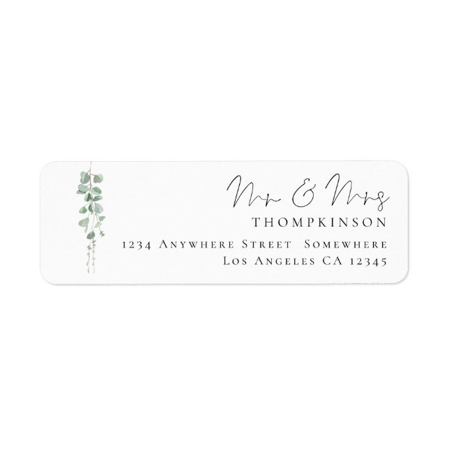 Étiquette Eucalyptus Script Mr Mme Mariage Adresse de retour (Devant)