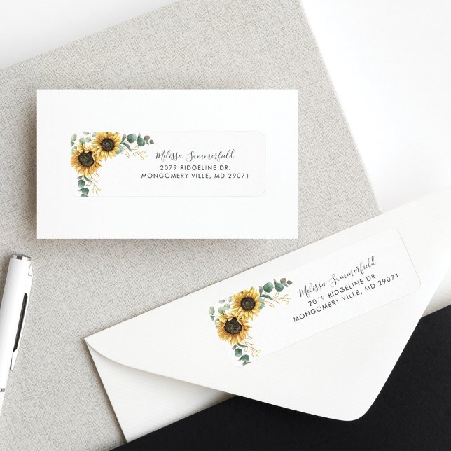 Étiquette Eucalyptus Sunflower Floral Mariage Adresse de ret (Sunflower Eucalyptus Floral Return Address Label)