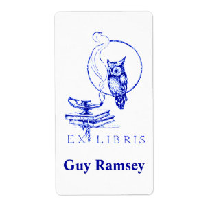 Étiquette Ex-libris bleu vintage personnalisé de hibou