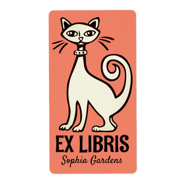 Étiquette Ex Libris - Chat Rétro - Saumon (Devant)